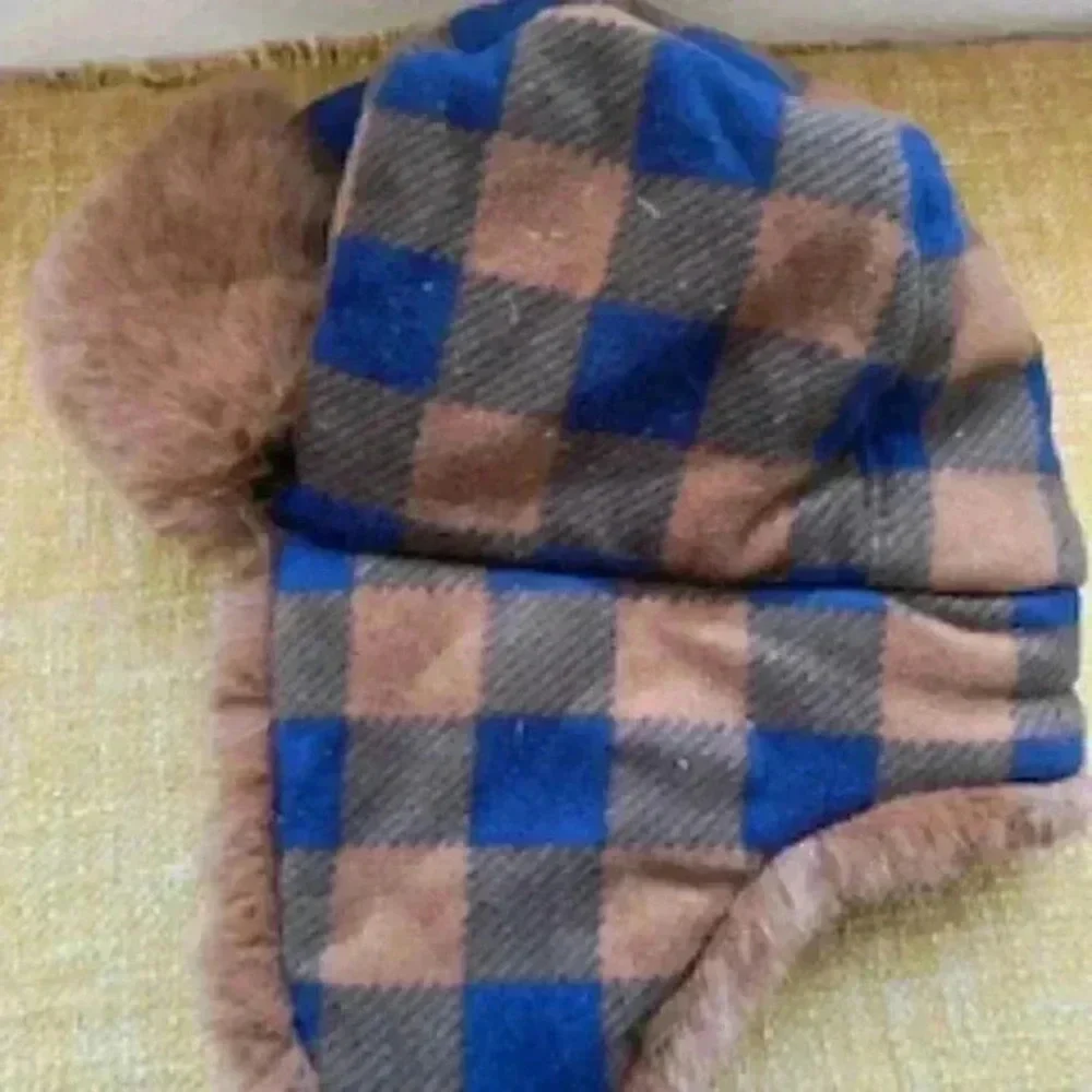 Gymboree Trapper hat w/ ear flaps  Brown‎ And Blue Plaid Fur Lined Hat Cap